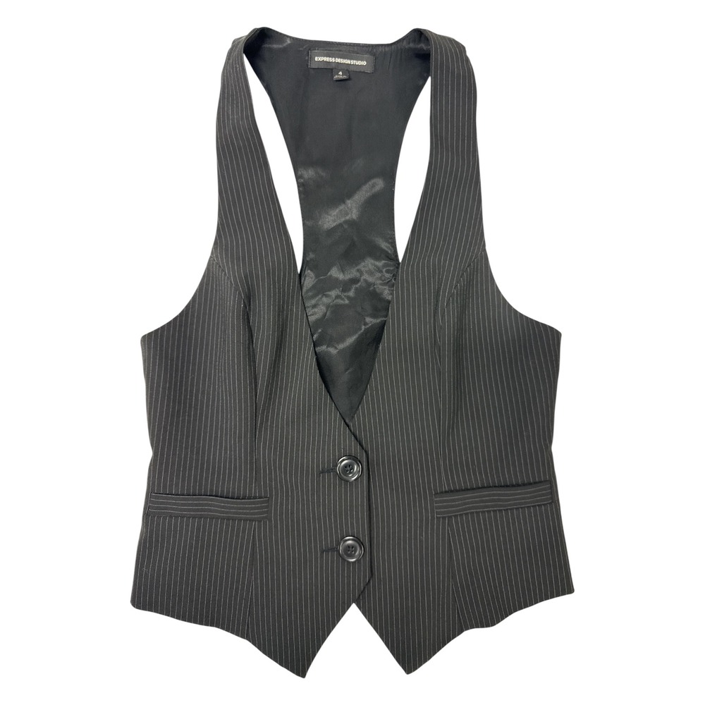 Express Design Studio Vest Womens 4 Black Pinstripe Y2K Workwear Tailor - Picture 2 of 8